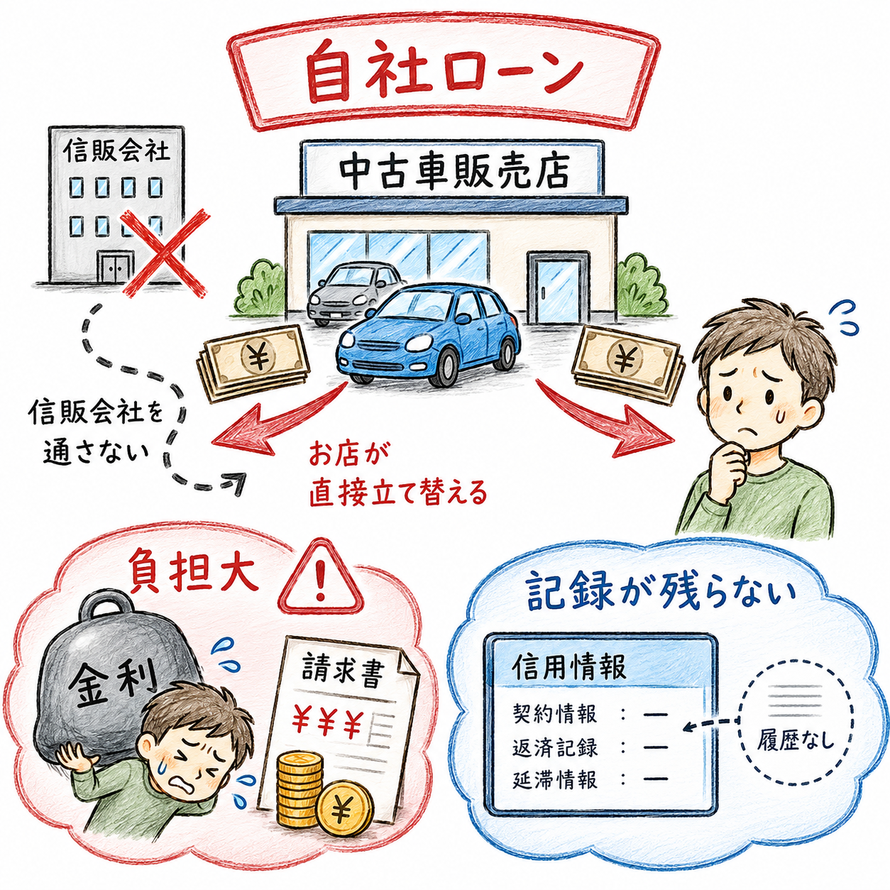 自社ローンの仕組み:信販会社を通さず、お店が直接立て替える。金利負担が大きく、信用情報に記録が残らない